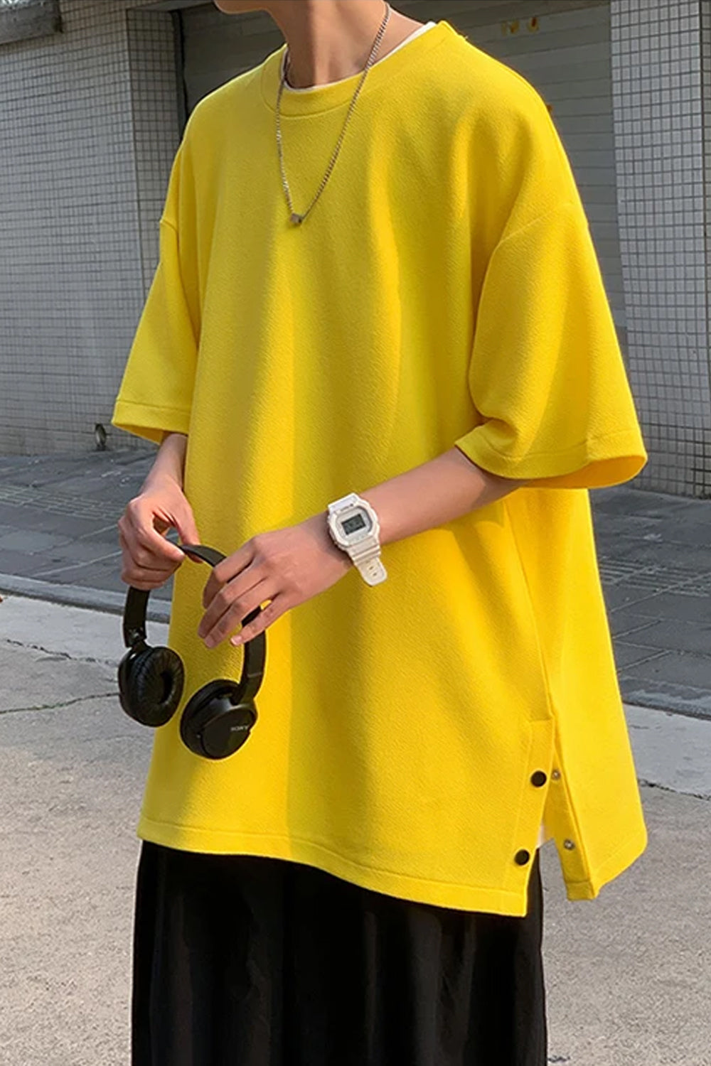 Loose Short Sleeve Hip Hop Side Slit Button Men Shirts