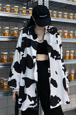 Loose Cow Milk Printed Long Sleeve Shirt