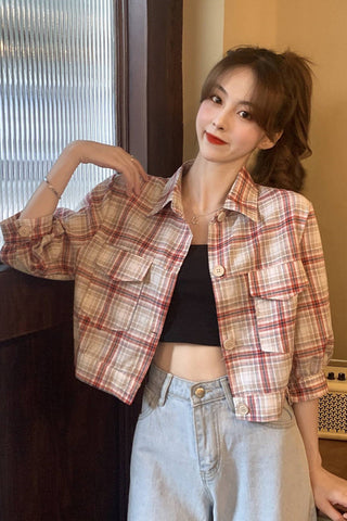 Three Quarter Sleeve Plaid Blouse Crop Top