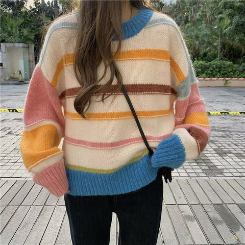 Long Sleeve Cute Knitted Striped Sweater