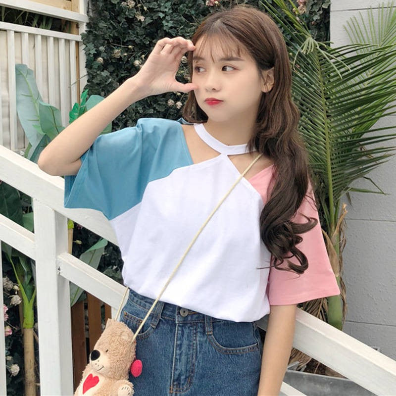 Hanging Neck Patchwork Colors Loose Shirt