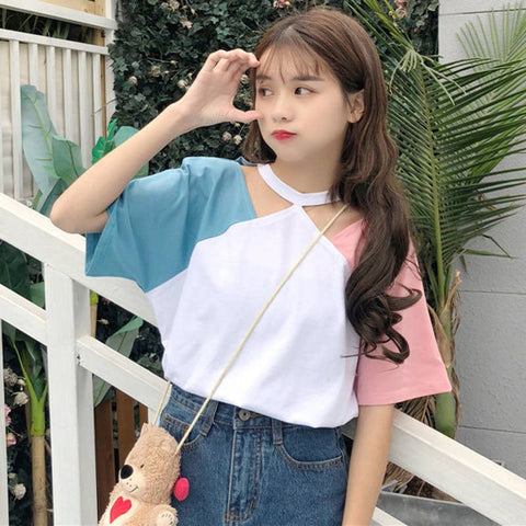 Hanging Neck Patchwork Colors Loose Shirt