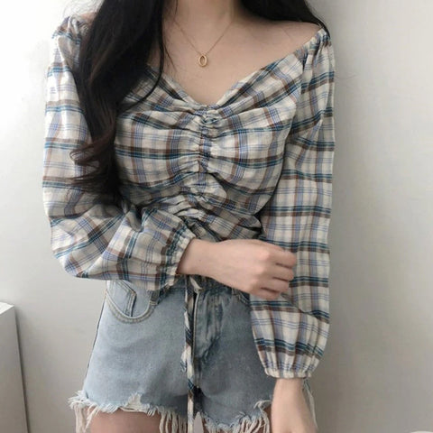 V-Neck Strapless Square Collar Plaid Cropped Blouse