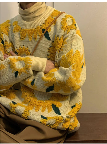 O-Neck Sunflower Pattern Warm Sweater