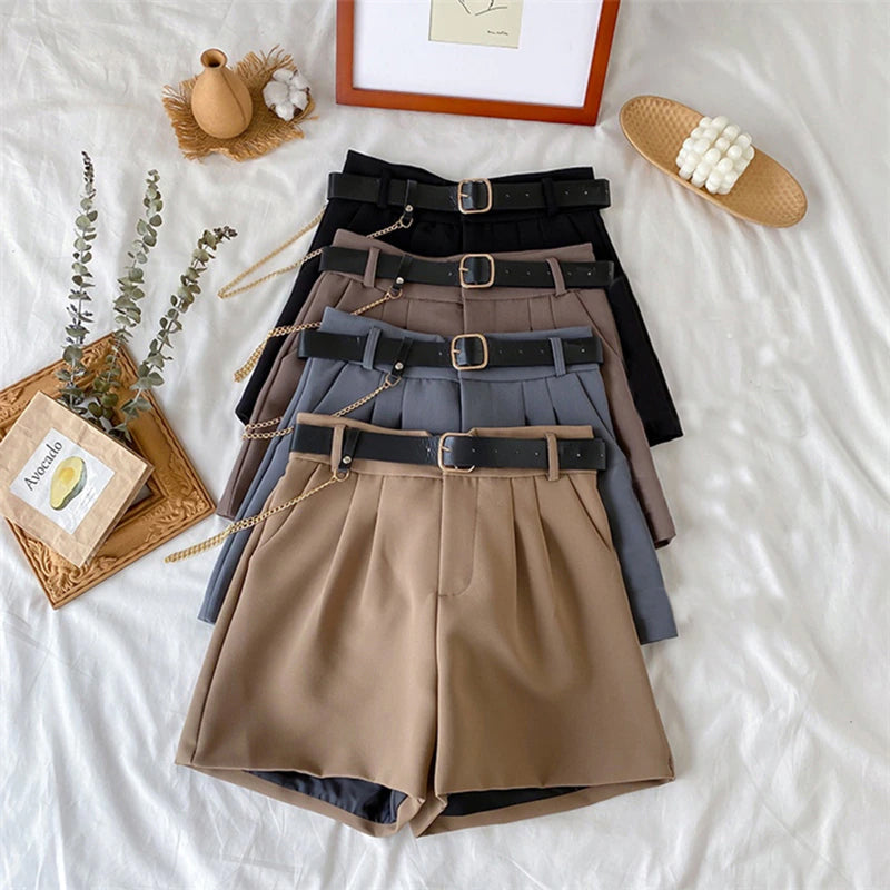 High Waist Thin A-Line Office Shorts With Belt