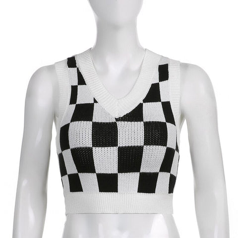 Checkered Printed Crop Tops Slim Sweater