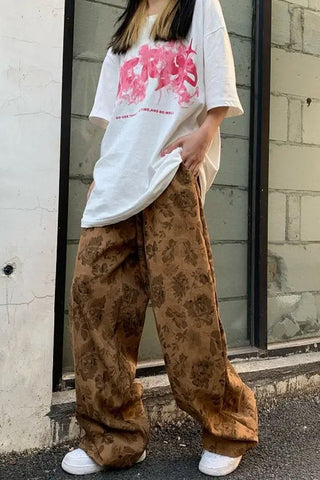 High Waist Flowers Pattern Corduroy Pants
