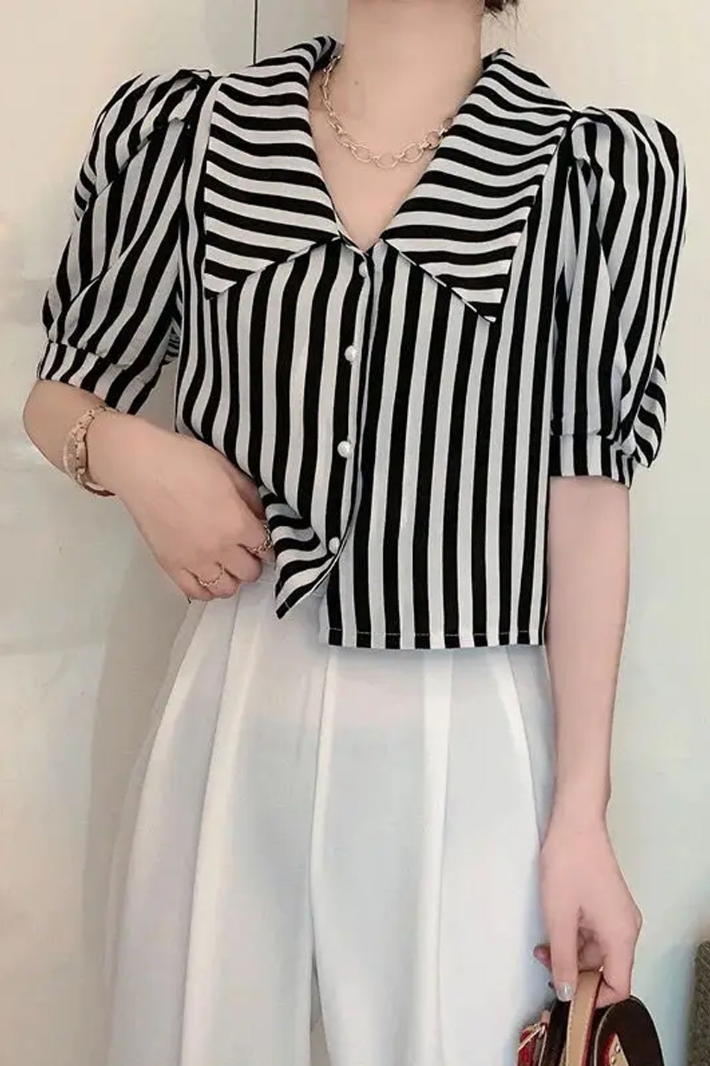 Striped Puff Sleeve Turn Down Collar Blouse Shirt