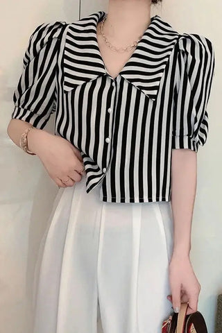 Striped Puff Sleeve Turn Down Collar Blouse Shirt