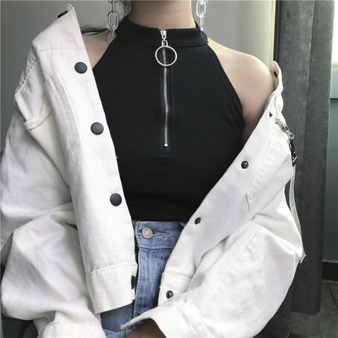 Sexy Zipper Neck Retro Crop Tops