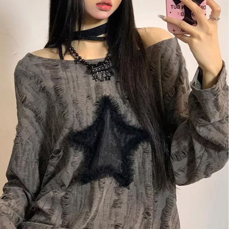 Long Sleeve Off Shoulder Star Patchwork Ripped Shirt