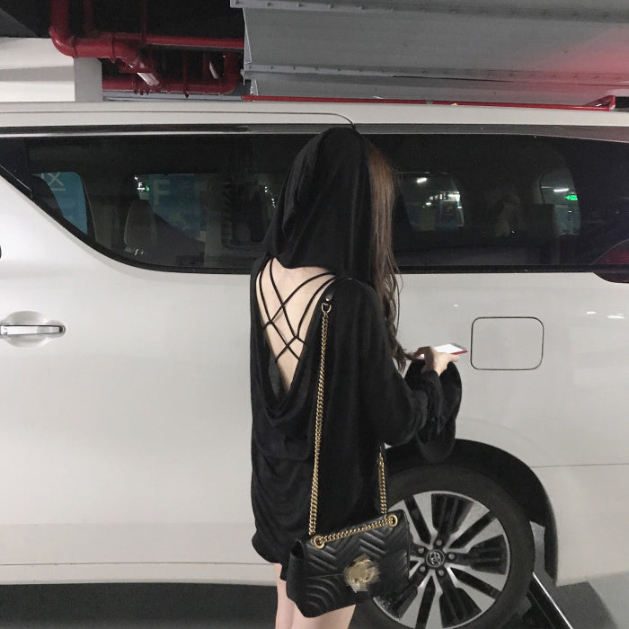 Sexy Backless Loose Thin Hooded Long Sleeve Shirt