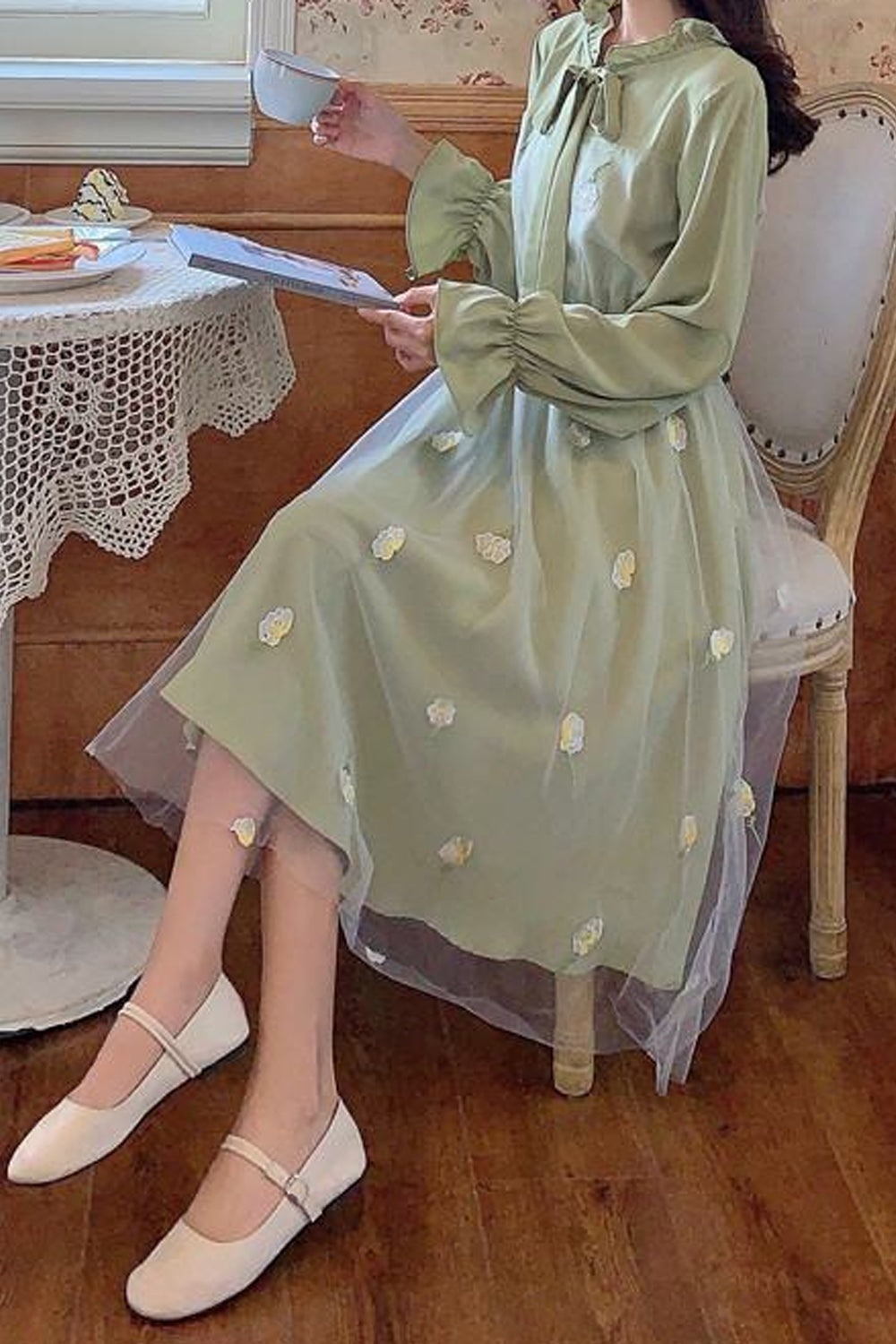 Long Sleeve Mesh Elegant Sweet Midi Dress