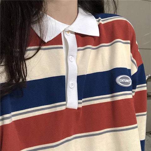 Turn Down Collar Retro Striped Sweatshirt