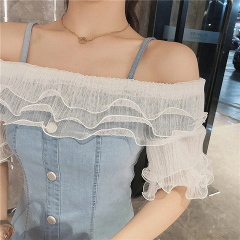 Ruffles Sexy Off Shoulder Denim Dress