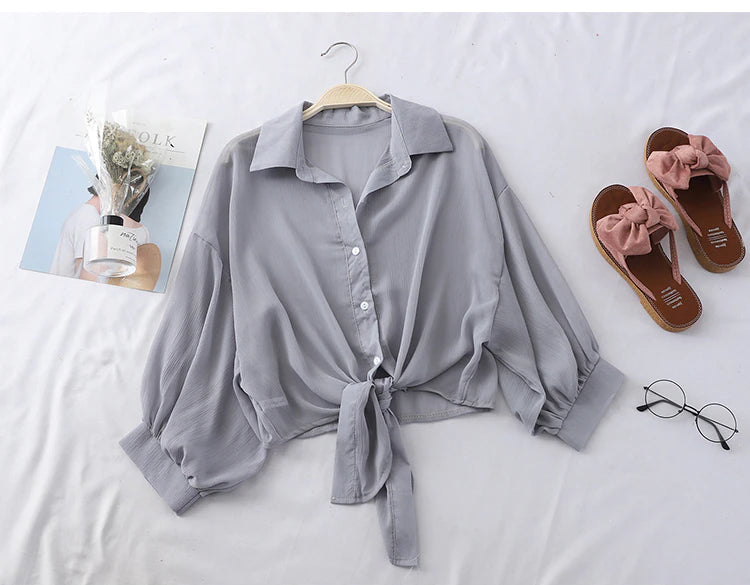 Elegant Half Sleeve Tied Transparent Blouse Shirt