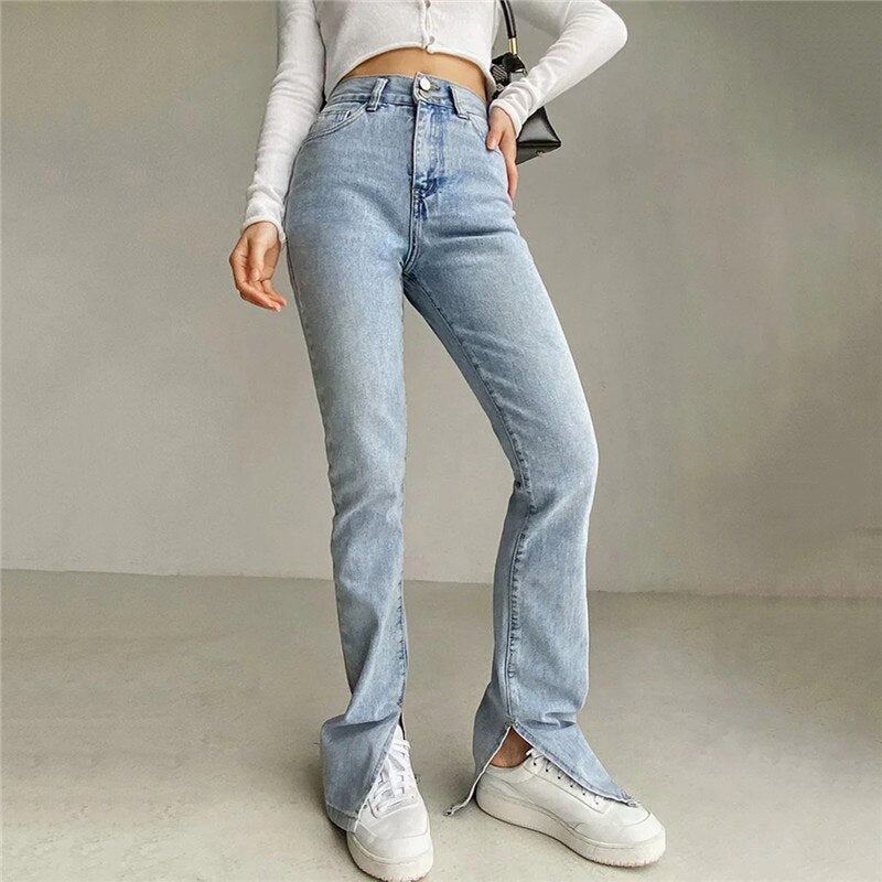 Retro High Waist Splitted Leg Flare Jeans