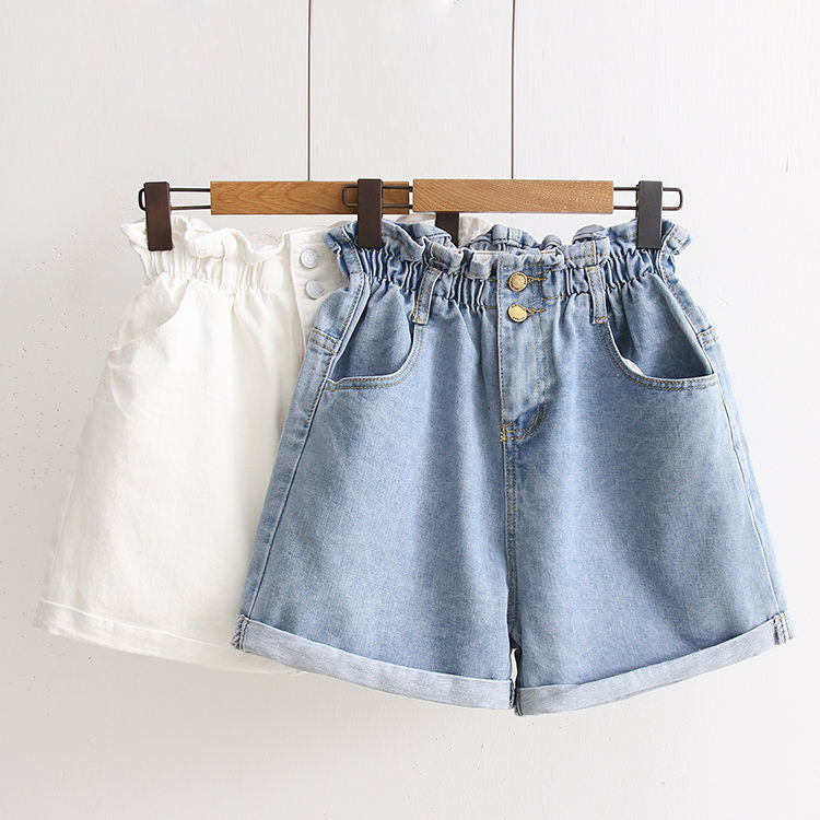 High Waist Elastic Ruffle Denim Shorts Jeans