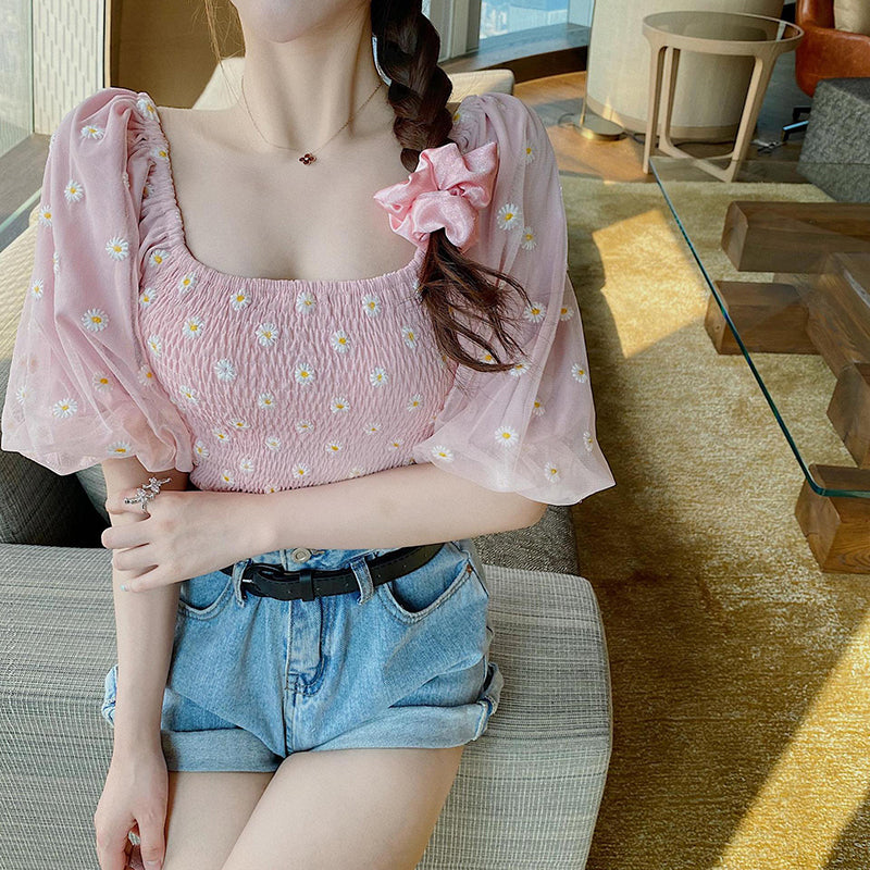 Daisy Embroidery Mesh Sleeve Summer Shirt