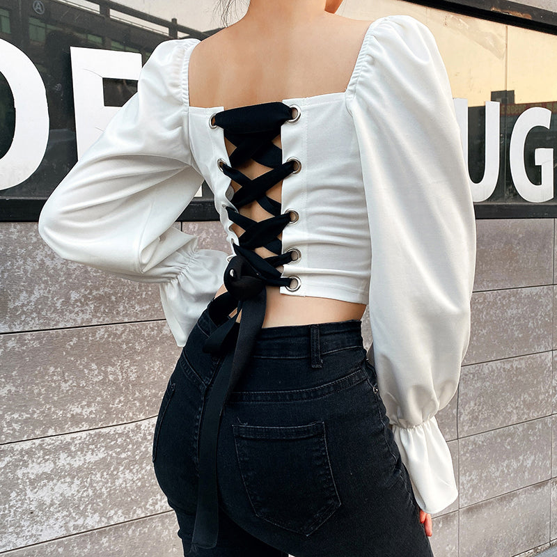 Back Belt Puff Sleeve Crop Tops