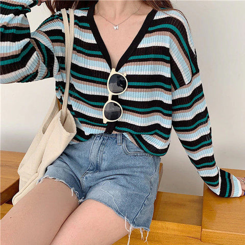 Retro V-Neck Striped Cardigan Sweater