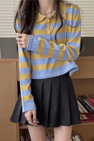 Long Sleeve Turn Down Collar Striped Slim Sweater