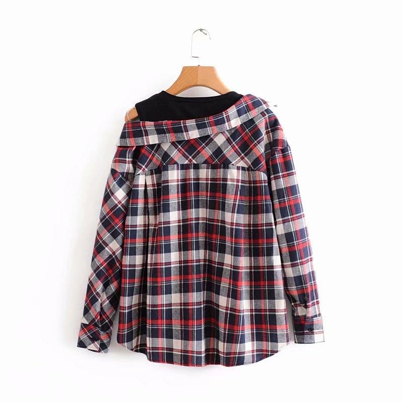 Vintage Women Plaid Irregular Loose Shirt