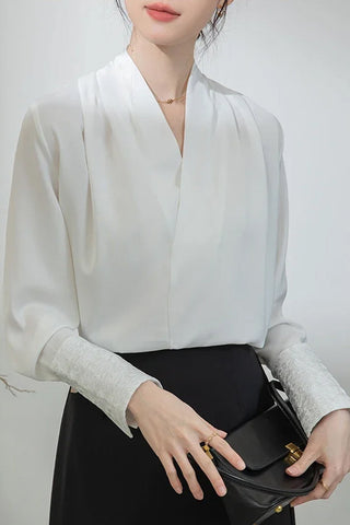 Long Sleeve Cross Neck Elegant Office Blouse Shirt