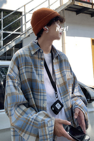 Long Sleeve Thickened Woolen Plaid Men Shirt