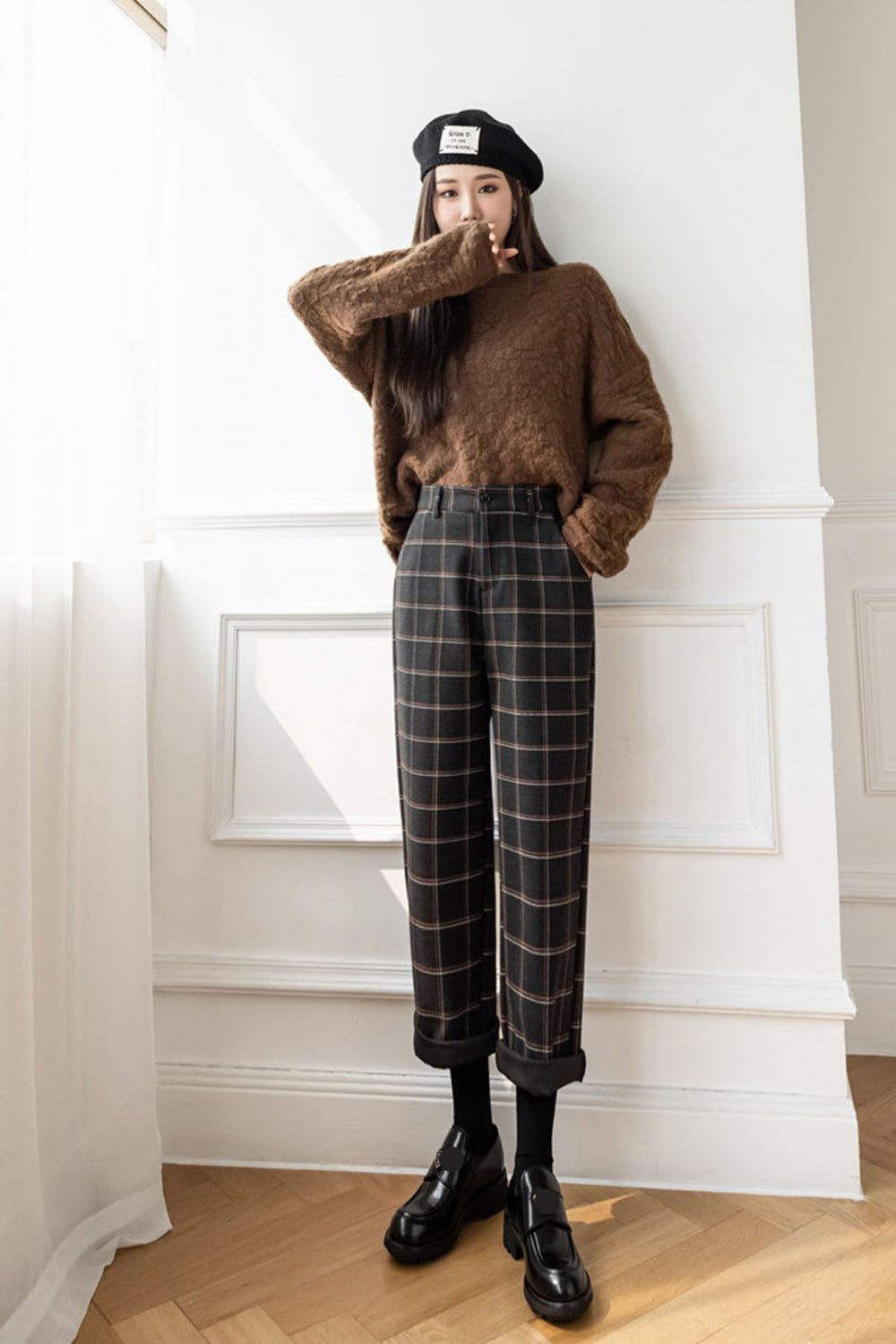 High Waist Elegant Plaid Office Long Pants