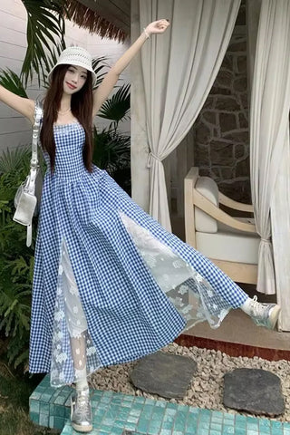Sexy Elegant Lace Patchwork Plaid Long Dress