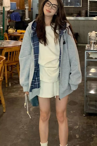 Long Sleeve Plaid Adjustable Zipper Hooded Sweatshirt