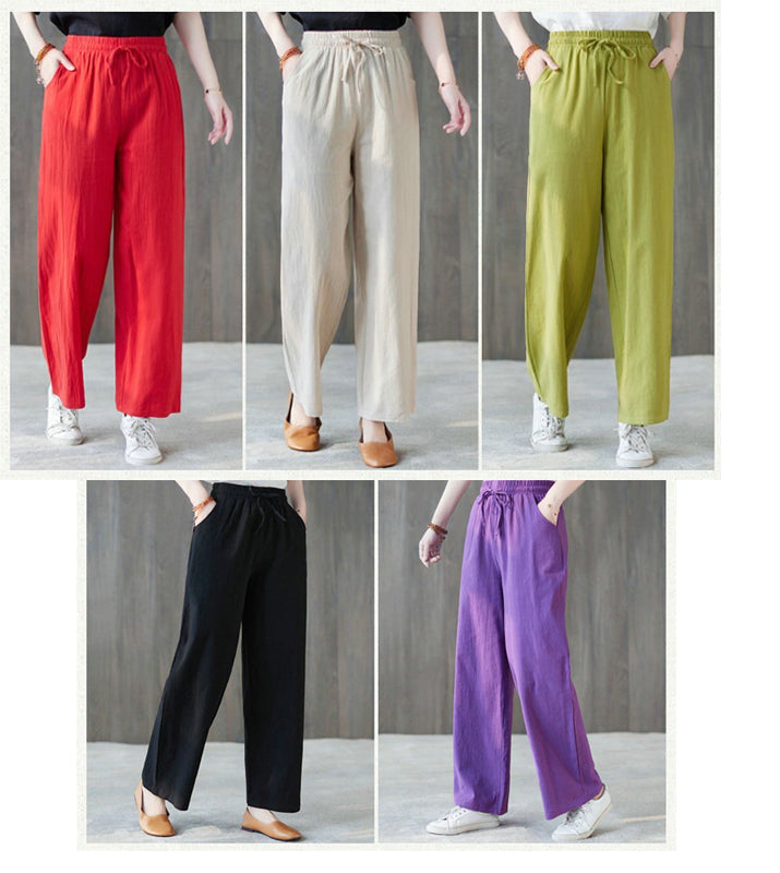 Cotton Linen Elastic Waist Colors Wide Leg Pants