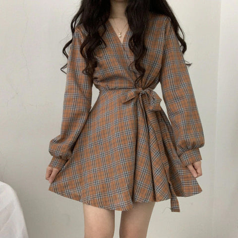 Long Sleeve Cute Bow Plaid Midi Elegant Dress