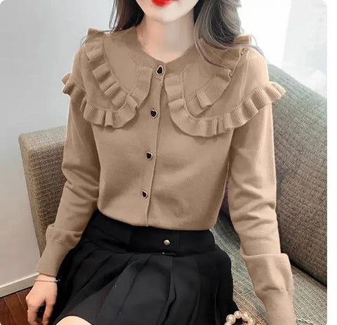 Solid Ruffles Peter Pan Collar Slim Sweater