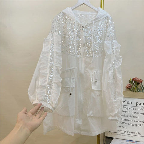 Long Sleeve Mid Length Sequined Transparent Hoodie