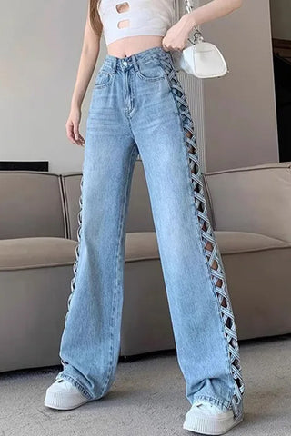 High Waist Side Cross Hollow Out Jeans Pants