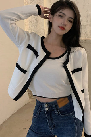 Long Sleeve Color Block Thin Cardigan Set