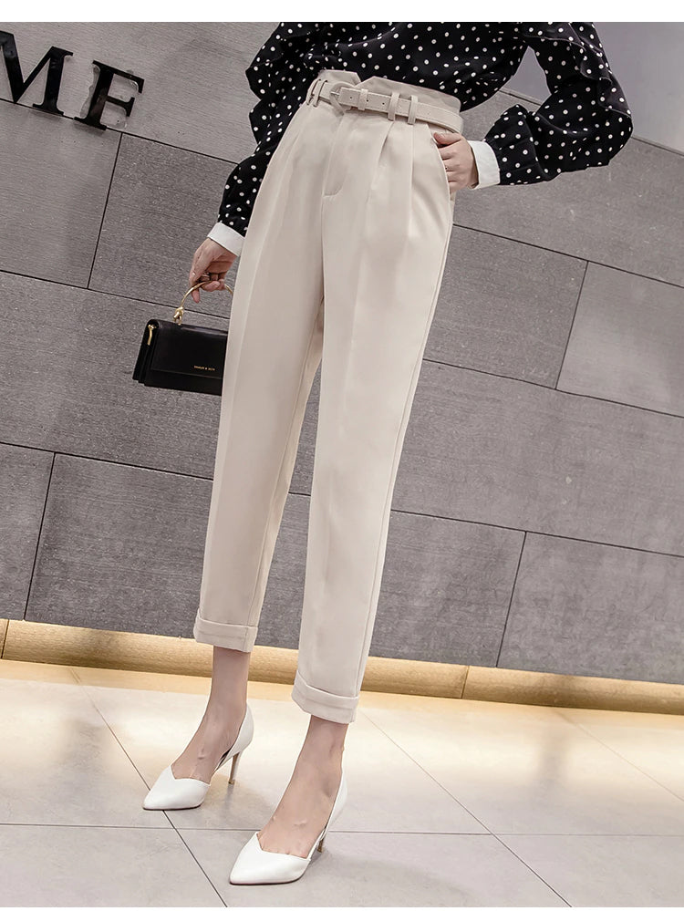 High Waist Ankle Length Elegant Office Pants with Belt