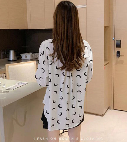 Moon Printed Turn Down Collar Long Sleeve Blouse Shirt