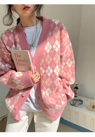 Argyle Pattern V-Neck Knitted Cardigan Sweater