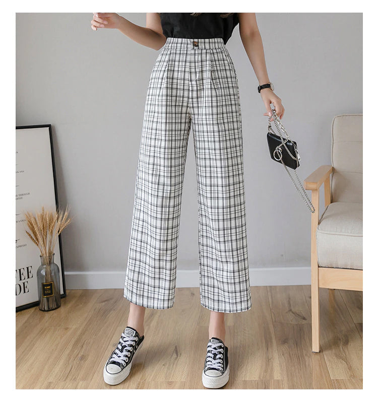 High Waist Wide Leg Vintage Plaid Long Pants