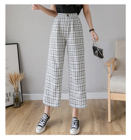 High Waist Wide Leg Vintage Plaid Long Pants