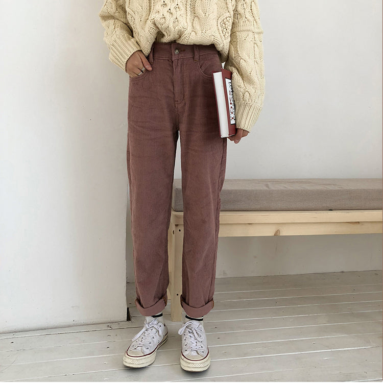 High Waist Sweet Color Corduroy Long Pants