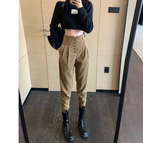 High Waist Vintage Slim Long Corduroy Pants