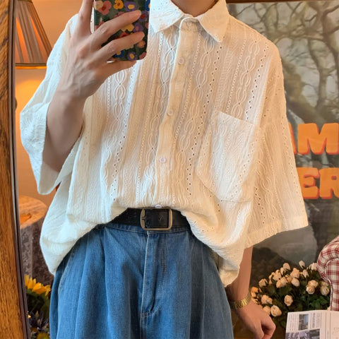 Half Sleeve Turn Down Collar Hollow Out Shirt