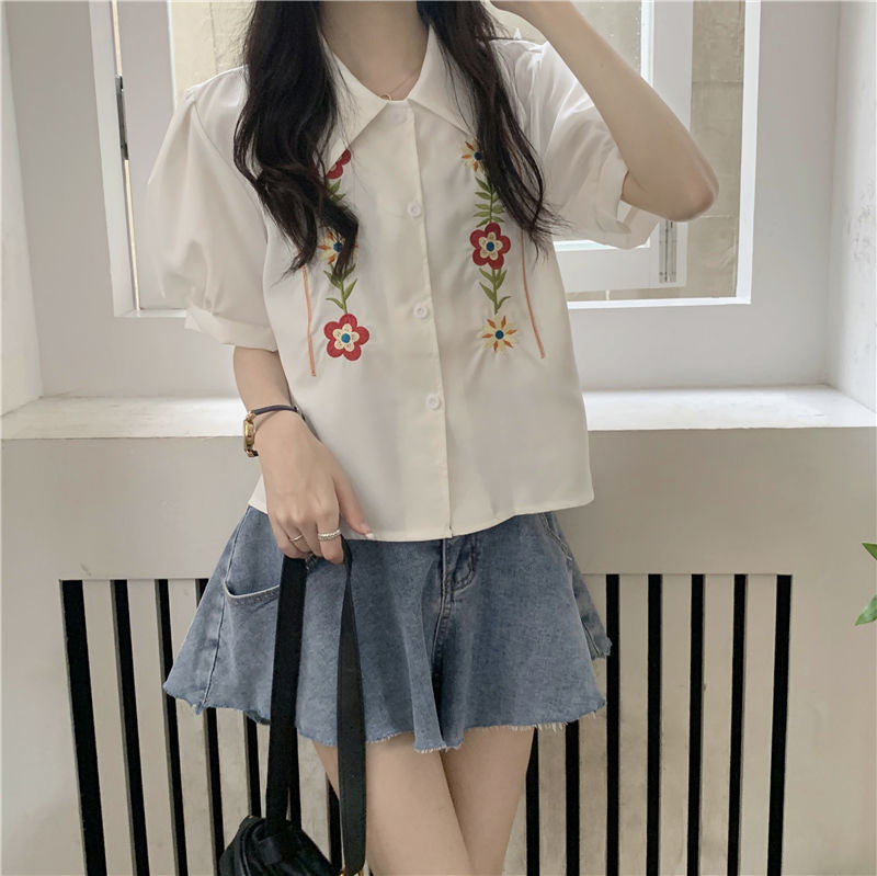 Short Sleeve Flower Embroidered Blouse Shirt