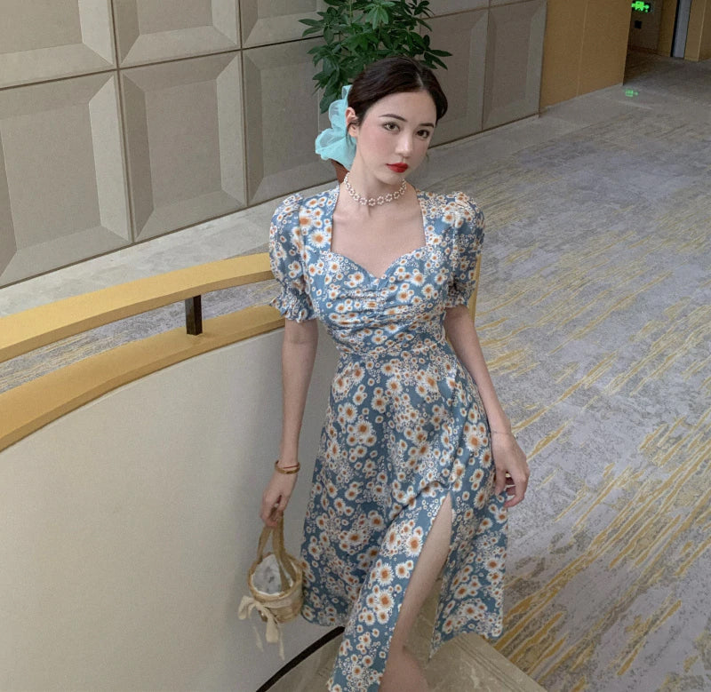 Puff Sleeve Flower Pattern Split Sexy Dress