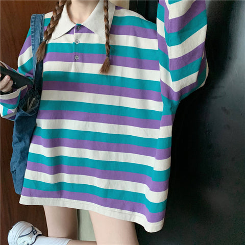 Striped Turn Down Collar Long Sleeve Shirt