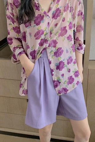 Flower Pattern Casual Chiffon Blouse Shirt